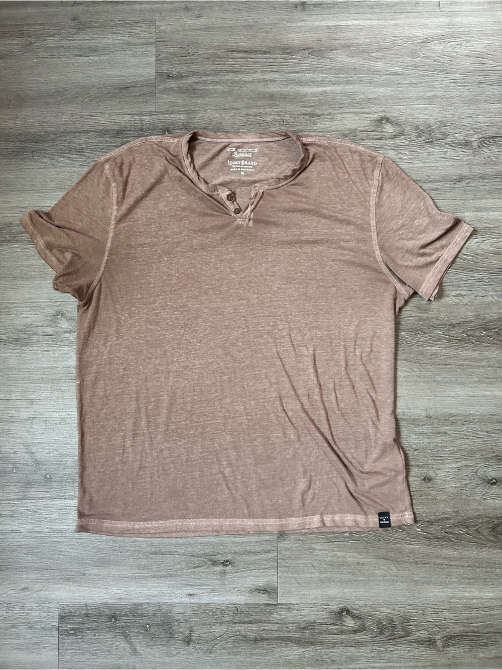Lucky Brand Henley T-Shirt Mens X-Large Brown Venice Burnout Short Sleeve Button